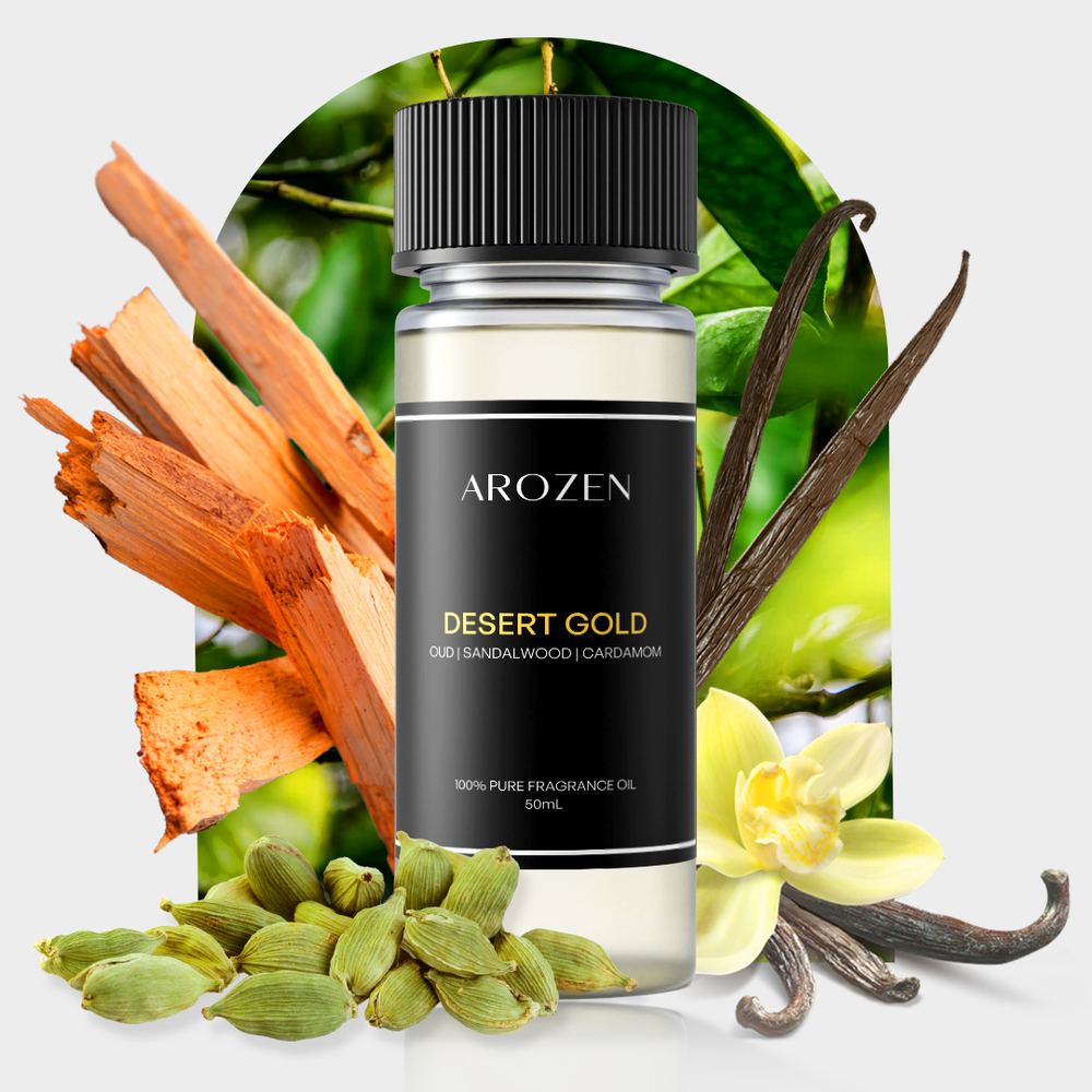 
                  
                    A bottle labeled “DESERT GOLD” sits before sandalwood, cardamom pods, vanilla beans, a vanilla flower, rich oud wood accents, and green foliage in the background.
                  
                
