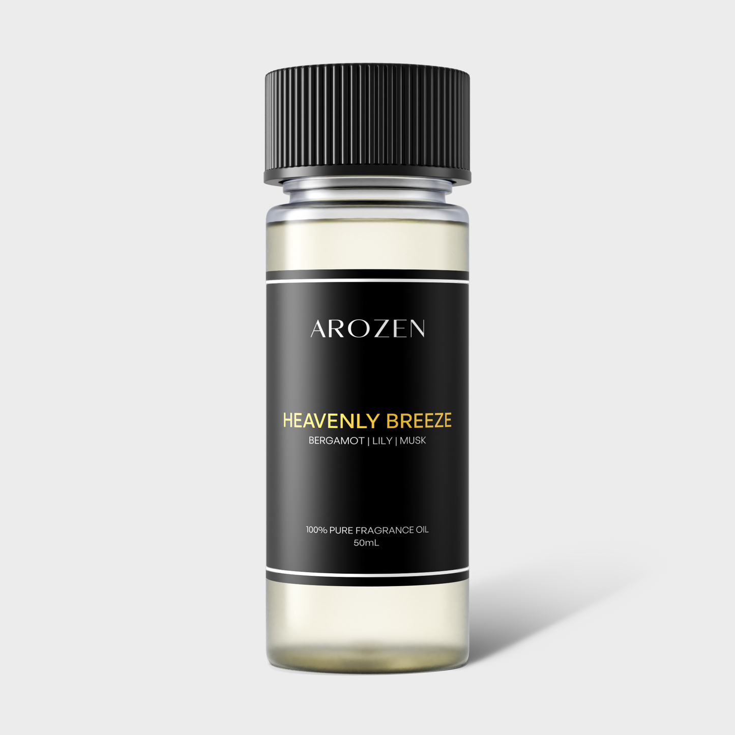 
                  
                    Arozen’s HEAVENLY BREEZE features a clear glass bottle with a black ribbed cap and contains 50 mL of 100% pure fragrance oil, offering bergamot, lily, and musk notes for a luxurious scent experience.
                  
                