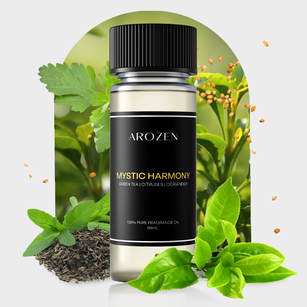 A bottle of Arozen MYSTIC HARMONY is showcased before green tea leaves, citrus leaves, coriander, and loose tea, emphasizing its high-quality natural ingredients.