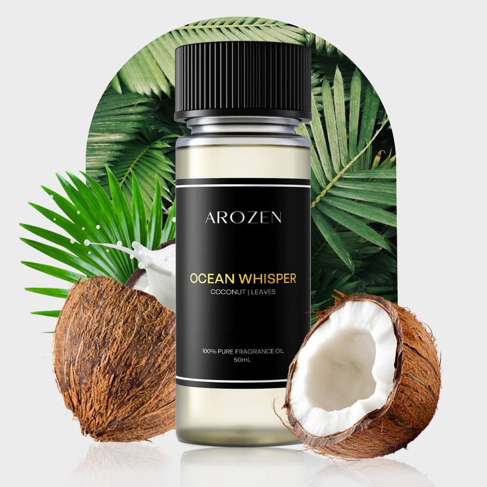 A bottle of Arozen OCEAN WHISPER is shown before green palm leaves and halved coconuts. The label reads: Coconut | Leaves, 100% Pure Fragrance Oil, 50ml.
