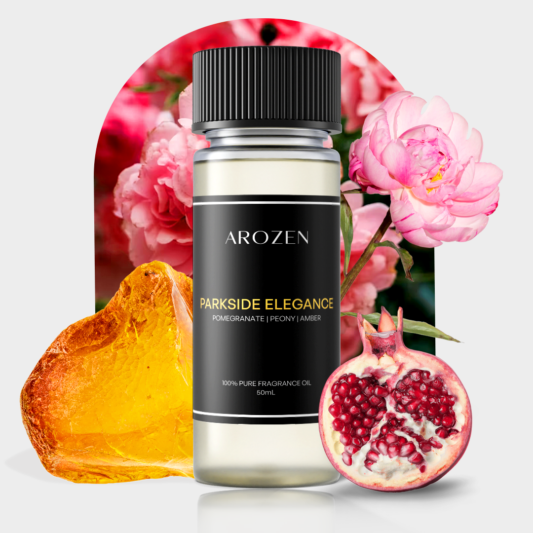 
                  
                    A bottle of Arozen PARKSIDE ELEGANCE is surrounded by pink peonies, pomegranate, and amber, with more pink peonies softly blurred in the background.
                  
                