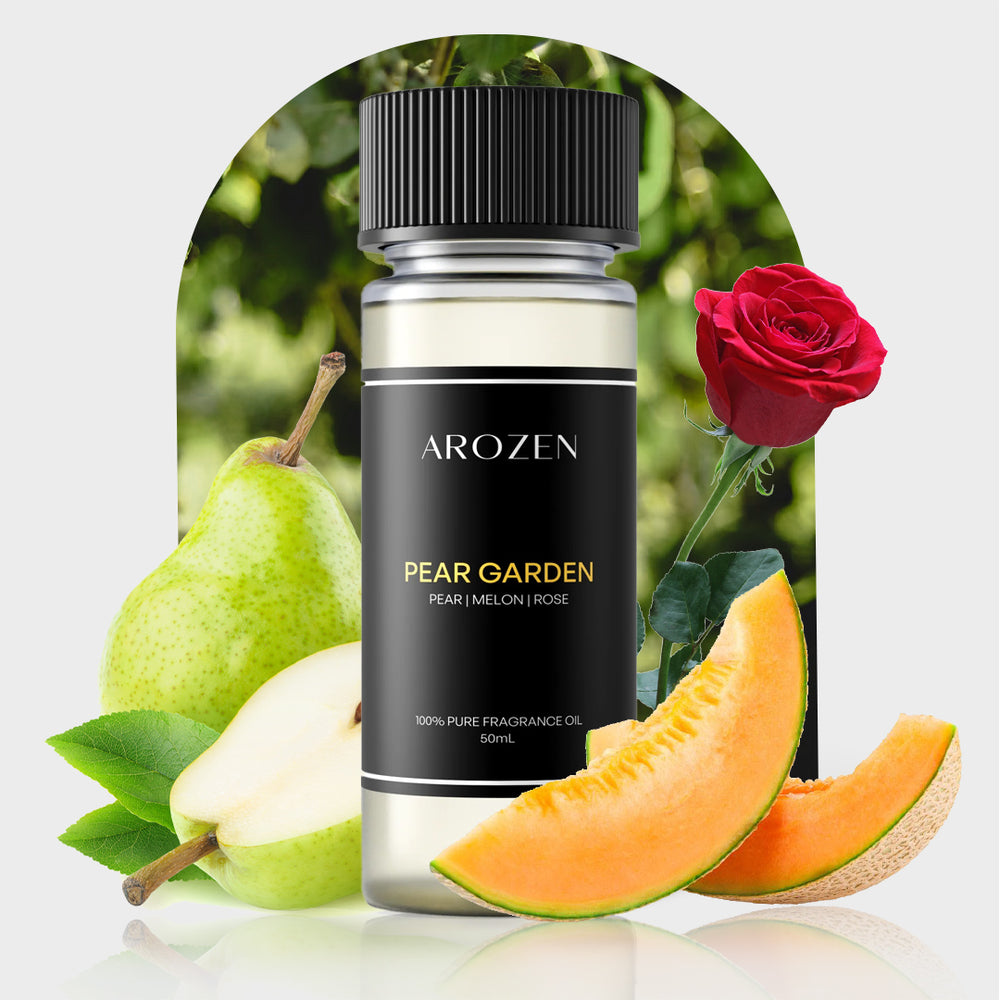 A bottle of Arozen PEAR GARDEN is displayed among a pear, sliced apple, cantaloupe slices, and a red rose, with green foliage in the background.