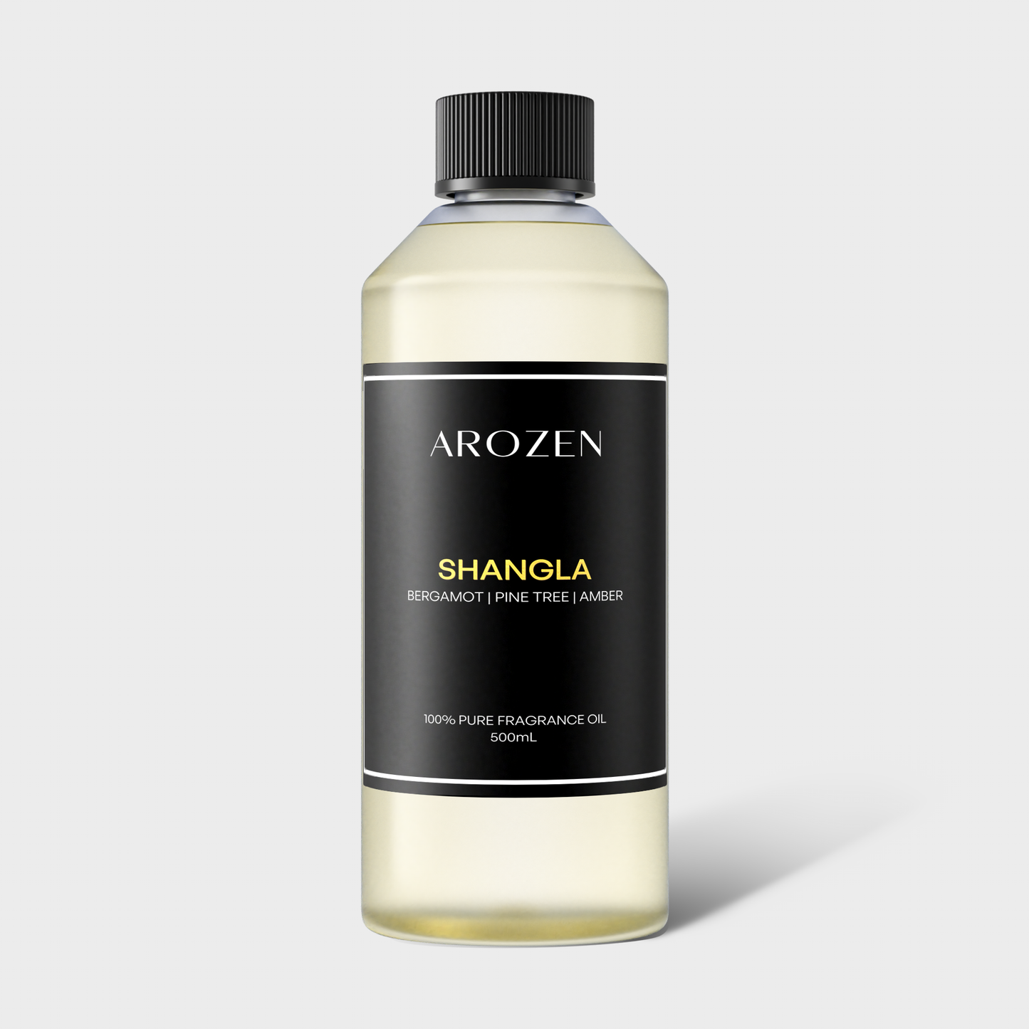 
                  
                    A 500ml clear plastic bottle with a black cap labeled Arozen SHANGLA, featuring fragrance notes of bergamot, pine tree, and amber on a black background.
                  
                