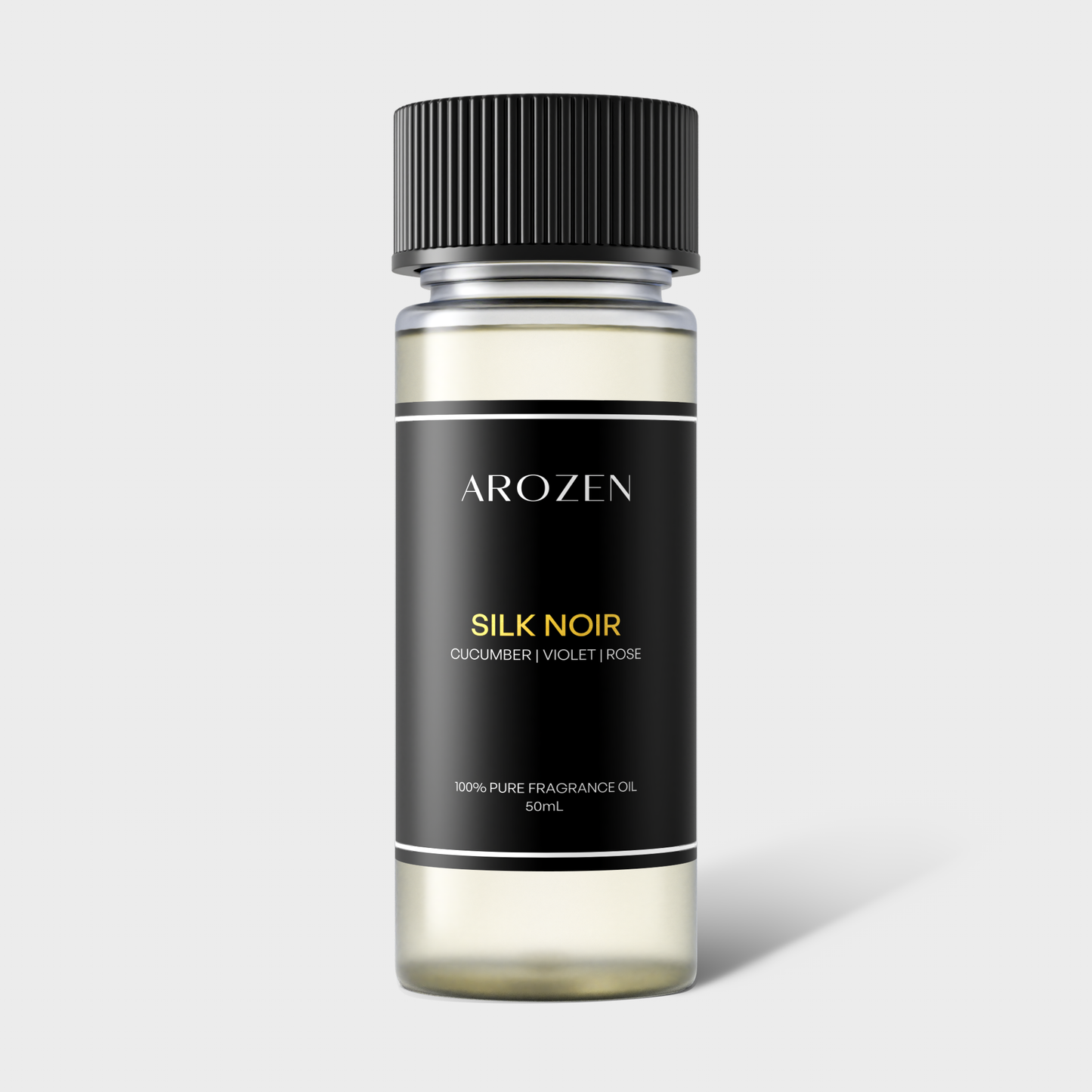 
                  
                    A clear bottle with a black cap labeled SILK NOIR features notes of Cucumber, Violet, and Rose. This 50ml pure fragrance oil is designed for electric scent diffusers, offering a Hilton Hotels-inspired aroma experience.
                  
                