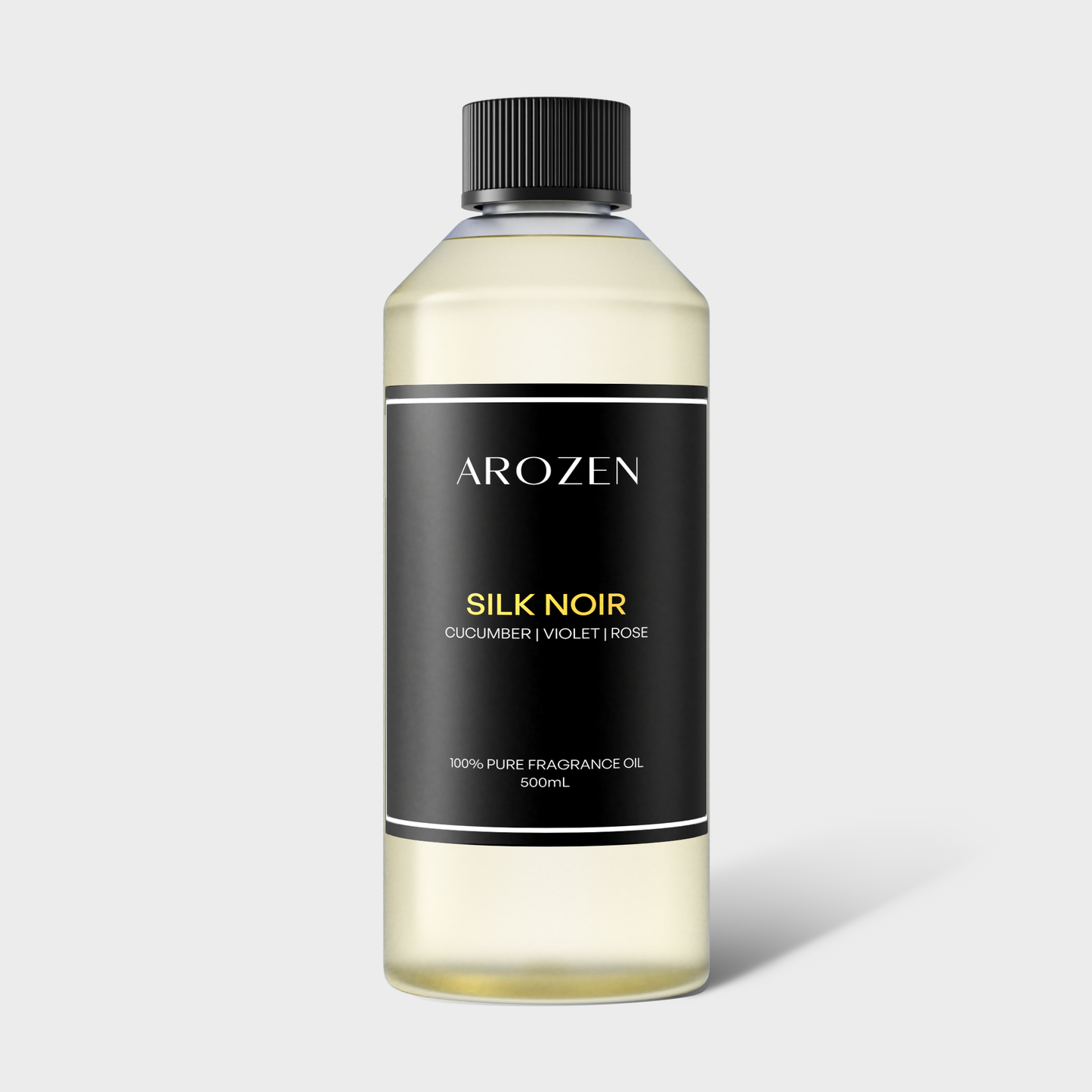 
                  
                    A clear plastic bottle with a black screw cap, labeled SILK NOIR pure fragrance oil, 500ml, features notes of cucumber, violet, and rose—an electric scent diffuser oil inspired by Hilton Hotels on a black and gold label.
                  
                