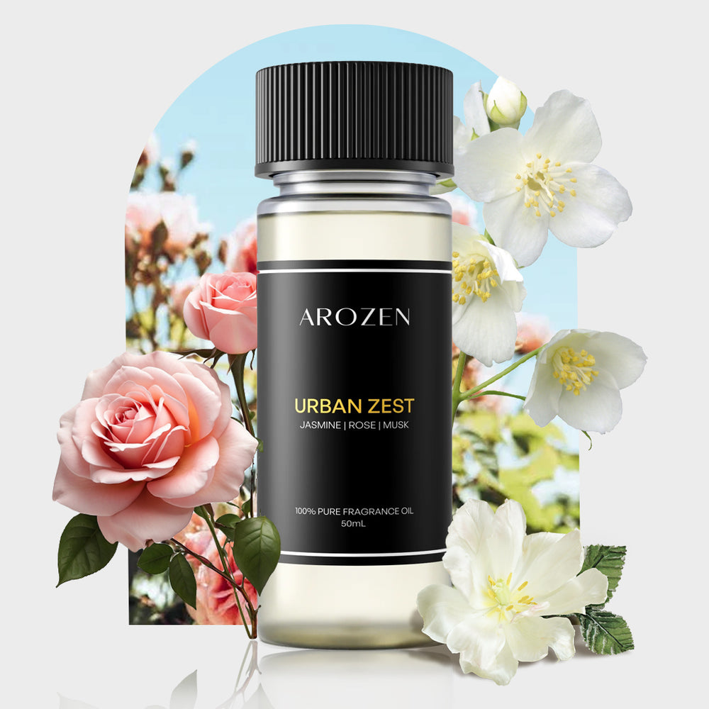 A bottle of URBAN ZEST fragrance oil is displayed before an arch of blooming jasmine, rose, and musk, all under a vivid blue sky—ideal for your Electric Scent Diffuser.